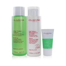 Clarins Set Clarins: Pure Exfoliating Scrub 15ml & Velourse Anti-pollution Cleansing Milk For Face 200ml & Purifying Alcohol-free Purifying Tonic Lotion For Face 200ml Clarins Set Clarins: Pure Exfoliating Scrub 15ml & Velourse Anti-pollution Cleansing Milk For Face 200ml & Purifying Alcohol-free Purifying Tonic Lotion For Face 200ml