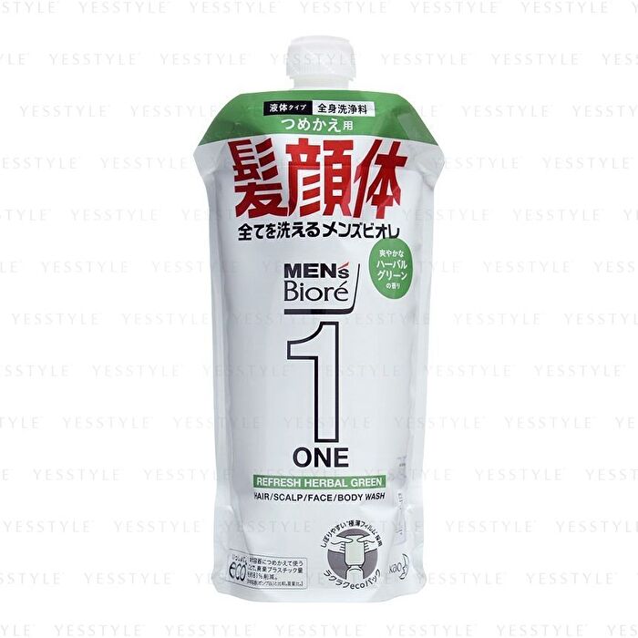 Men\'s Biore One Hair / Scalp / Face / Body Wash - Refresh Herbal Green - 340ml Refill