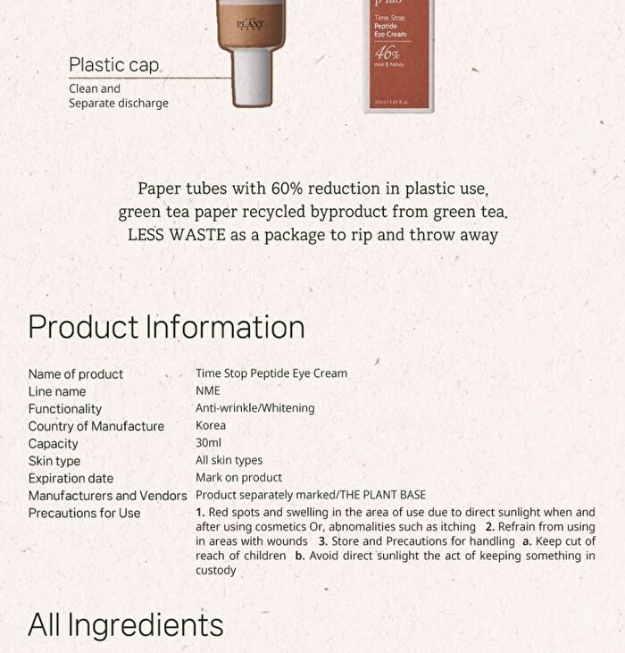 The Plant Base Time Stop Peptide Eye Cream - 30ml