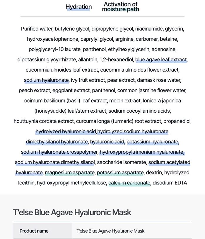 T\'else Blue Agave Hyaluronic Acid Mask Set - 5 sheets