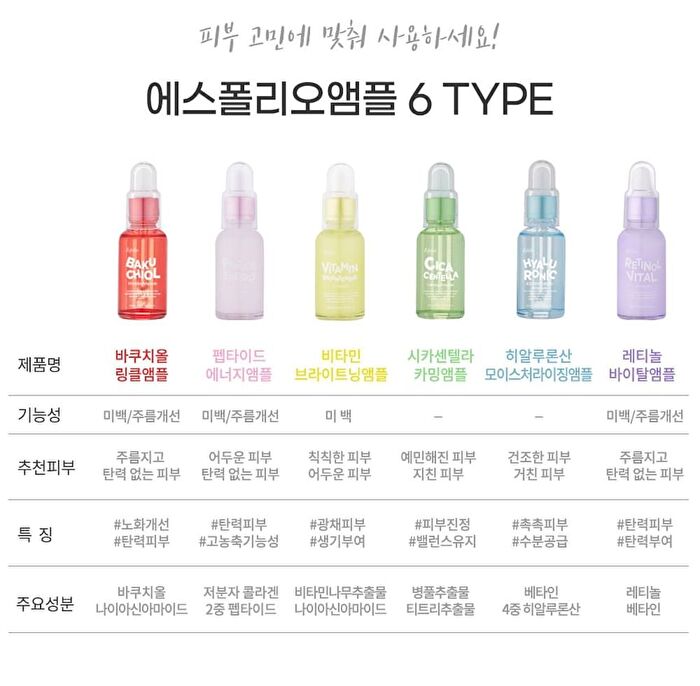 esfolio Ampoule - 6 Types - 2023 Version - Hyaluronic Acid Moisturizing