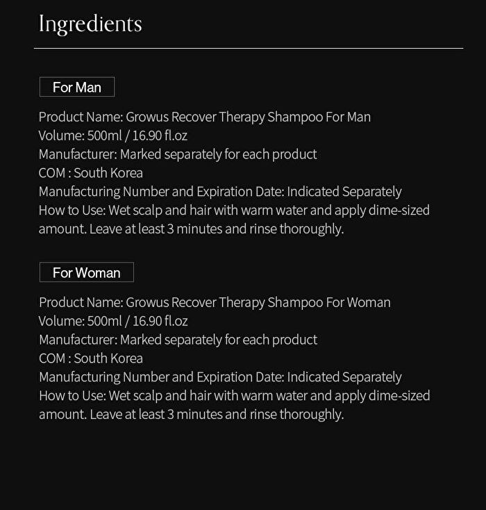 Growus Recover Therapy Shampoo - 2 Types - For Man