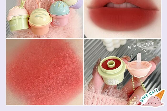 Mansly Ice Cream Keychain Matte Velvet Lip Mud - 4 Colors - J04# Deep Berry Red - 5.5g