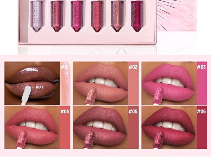 6-Color Pearlescent & Matte Diamond Liquid Lipstick Set - 2 Types - Set A (1.6g x 6pcs)