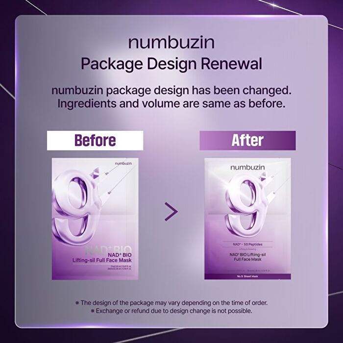 numbuzin No.9 NAD Bio Lifting-sil Full Face Mask Set - 2025 Version - 48ml x 4 sheets