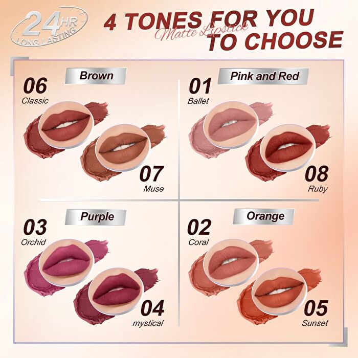 Pro Zone 24H Lasting Matte Lipstick - 8 Colors - 08# Ruby - 3.6g