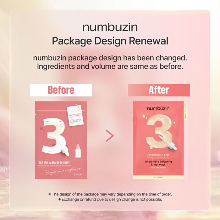 numbuzin No. 3 Tingle-Pore Softening Sheet Mask Set 5 sheets - 2025 Version - 27ml x 5 sheets
