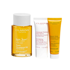 Clarins Set Clarins: Tonic Firming Body Oil 100ml & Exfoliating Body Scrub 30ml & Tonic Organic Hydrating Body Balm Body 30ml & Gwp Textile Pouch Red