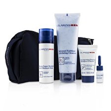 Clarins Men Everyday Heroes Set: 1x Exfoliating Cleanser 125ml + 1x Super Moisture Balm 50ml + Shampoo & Shower 30ml + Shave Ease 3ml 4pcs