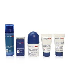 Clarins Men Grooming Essentials For Men Travel Exclusive Kit: Moisture Gel 50ml + Face Wash 30ml + Eye Serum 3ml + Antiperspirant Roll-On 50ml + Shampoo & Shower 30ml 5pcs+1bag