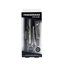 Tweezerman G.E.A.R. Essential Grooming Kit: Point Tweezerette+Facial Hair Scissors+Fingernail Clipper+Multi-Use Nail Tool+Leather Pouch 4pcs+1pouch