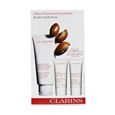 Clarins Perfect Hydration Body Set: Moisture-Rich Body Lotion 200ml+ Hand & Nail Treatment 30ml+ Body Scrub 30ml 3pcs