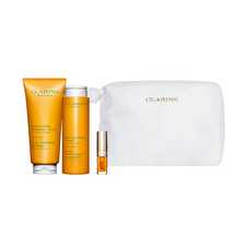 Clarins Set Clarins: Aroma Essential Oils Hydrating Body Oil 200ml & Aroma Essential Oils Shower Gel All Over The Body 200ml & Lip Confort Lip Oil 01 1.4ml *miniature & Zippered Gwp Textile Pouch White