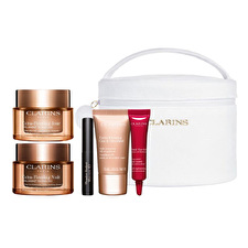 Clarins Set Clarins: Extra-firming Anti-ageing Day Cream For Face 50ml & Extra-firming Anti-wrinkle Night Cream For Face 50ml & Extra-firming Firming Cream For Neck & Decollete 15ml & Total Eye Lift Eye Serum 7ml & Wonder Perfect Volumizing Mascara 01 Black 4ml *miniature & Zippered Gwp Textile Pouch White