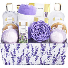 Spa Luxetique Lavender Bath & Shower Basket: Shower Gel & Bubble Bath & Body Lotion & Hand Cream & Massage Oil & Bath Salt & Body Scrub & Soap & 2x Bath Bombs & Bath Loofah & Hair Drying Towel & Handmade Box & Box 10pcs