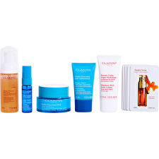 Clarins Blue Bag Hydra Essential Set: Ha2 Cream 50ml/1.7oz & Hydra Mask 15ml/0.5oz & Bi-serum Trial 10ml/0.33oz & Gentle Renewing Cleansing Mousse 50ml+ Baume Corps Super Hydratant 30ml/1oz & Double Serum Samples 7*0.03oz+ Bag 5pcs+bag