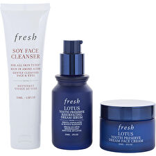 Fresh Resurfacing Radiance Trio Skincare Set: Soy Ph-balanced Hydrating Face Wash 50ml/1.7oz & Lotus Aha Gentle Resurfacing Serum 30ml/1oz & Lotus Youth Preserve Radiance Renewal Night Cream 30ml/1oz 3pcs